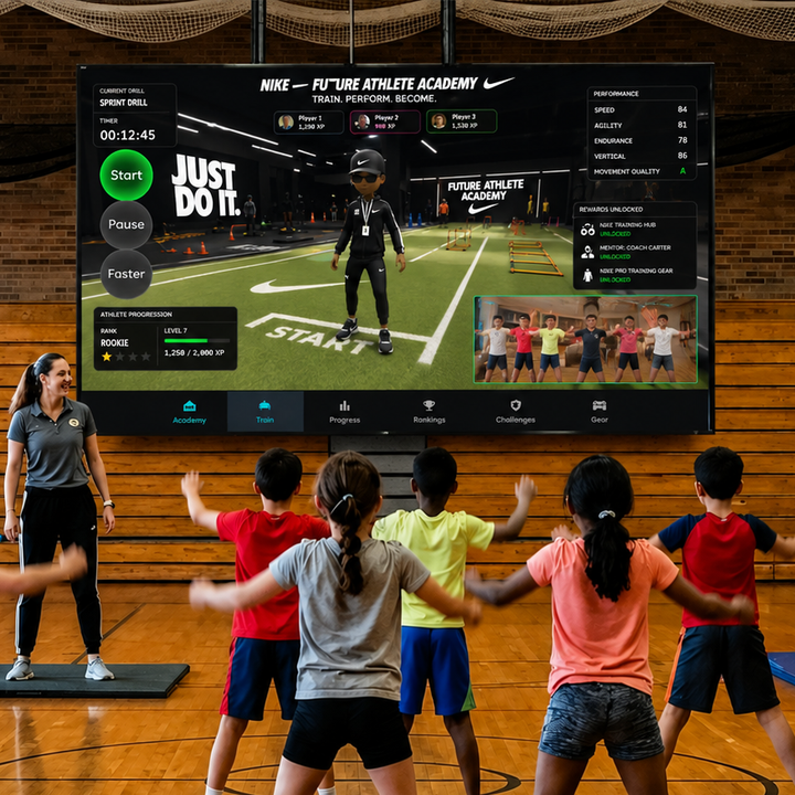 Kids in gym following BounceKids on large screen