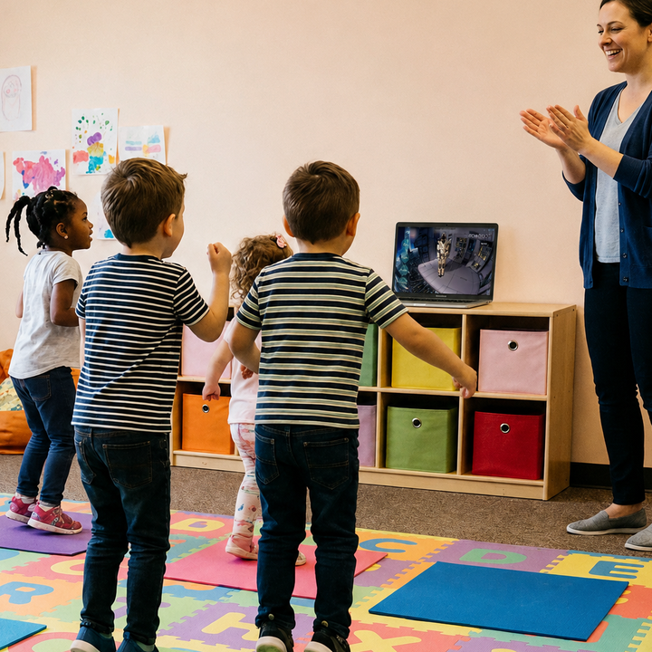 Classroom kids moving with tablet guide