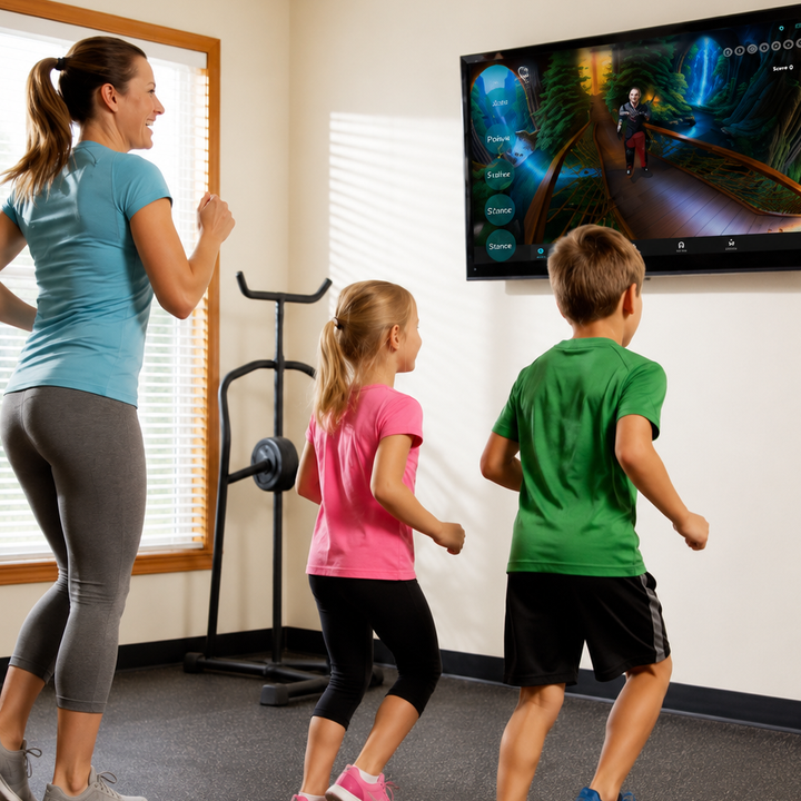 Family exercising with BounceKids on TV
